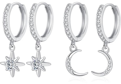 Cangall Ohrringe Silber 925 Creolen mit Anhänger, 925 Sterling Silber Ohrringe mit Mond & Stern Hängend, Kleine Schlafen Knorpel Ohrringe Creolen Silber Hängend, Ohrringe Hängend für Damen Mädchen