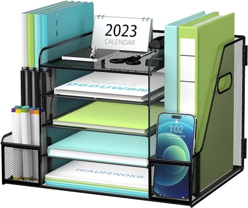 SUPTIDY Mesh Desk Organiser with File Holder, 5-Tier Paper Letter Tray with Magazine Holder, Paper Organiser and Storage for Office Supplies Home or School, Black