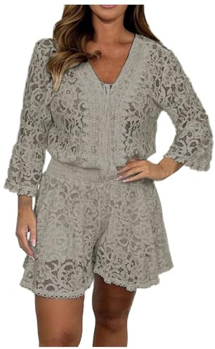 Generisch Lässiger kurzer Spitzenanzug mit V-Schnitt Frauen Spitze Schlank Zweiteilige Sets Sexy V-Schnitt Gestellte Ärmel Top Kurze Anzüge Elegante Stickerei Hohle Party Outfits (Beige, XXL)