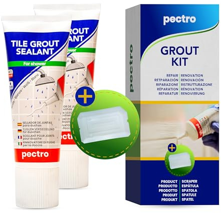 PECTRO Waterproof Tile Grout Sealer Kit, Premixed Grout Sealant for Shower & Tub, Bathroom, Seals Cracks, Gaps & Joints, Includes Precision Spatula, White, 6.62 oz Tube (KIT X 2)