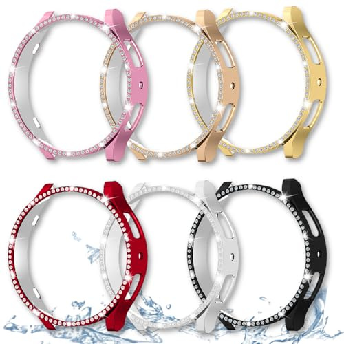 DEALELE [6-pack] klockfodral kompatibelt med Samsung Galaxy Watch 5/4 44 mm, bling, en rad diamant PC skyddande fodral, ersättning klockskydd stötfångare (44 mm, svart + silver + roséguld + rosa +