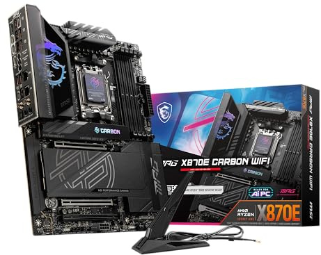 MSI MPG X870E Carbon WiFi Gaming Mainboard (AMD Ryzen 9000/8000/7000 Serie, AM5, DDR5, PCIe 5.0, M.2 Gen5, SATA 6Gb/s, USB 40Gbps, HDMI, Wi-Fi 7, Bluetooth 5.4, LAN 5Gbps, ATX)