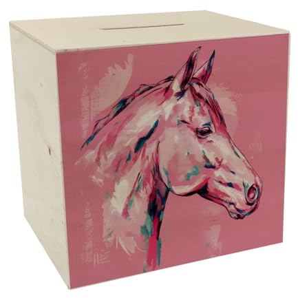 Pferdekopf im Aquarellstil Spardose aus Holz - Kunstvolle Sparbüchse für Pferdeliebhaber Ausdruck des künstlerischen Designs durch rosa Pinselstriche auf friedlichem Hintergrund