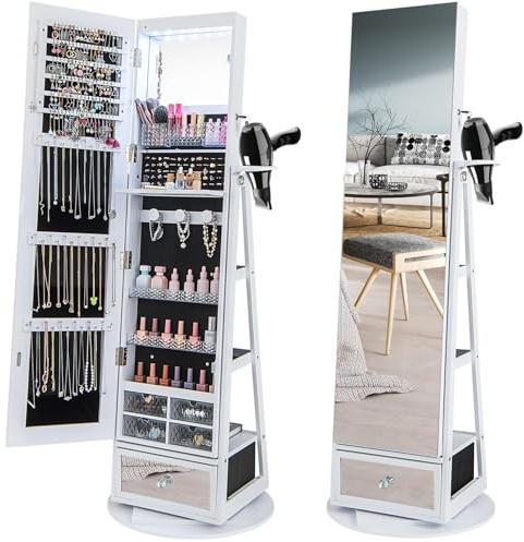 RELAX4LIFE Schmuckschrank 360° drehbar, 4-in-1 Spiegelschrank mit LED-Lichts & Schubladen & Regalen Schmuckaufbewahrung Ganzkörperspiegel, Schmuckständer abschließbar (Weiß)