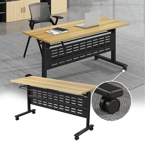 Klappbarer Bürokonferenztisch aus Massivholz auf Rädern für Zuhause und gewerbliche Nutzung, langer Besprechungstisch mit Metallbeinen und Computertisch, dunkles Walnussholz (160 x 61 x 76,2 cm)