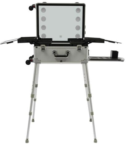 Kosmetikkoffer Makeup Koffer Trolley Beauty Case Schminkkoffer Friseurkoffer Makeup-Zug-Koffer, Makeup-Zug-Koffer mit LED-Licht, Reise-Kosmetik-Organizer,Silber,21 Zoll,8 LEDs(Included)