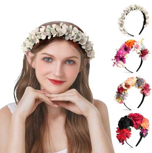 LOPHE Künstliches Blumen Haarreifen, Haarreif Dirndl Blumen Rosen Haarband, Blumenkranz Haare Oktoberfest für Damen, Hochzeit, Strand, Urlaub, Party, Strand(C)