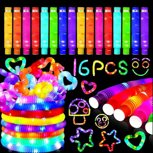 Pop Tube LED Couleur,Jouets Sensoriels de Tuyau Extensible Multicolore Jouets de Soulager Stress,Pop Tubes Lumineux Fidget,Jouet Lumineux Enfant Fournitures de Fête Lumineuses pour Enfants（16 Pièces）
