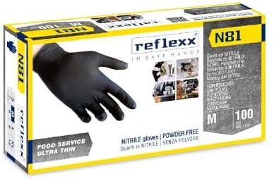Generico Guanti Nitrile Nero Reflexx N81, Guanti Monouso Nitrile (100/300/1000 Pezzi) Guanti Usa e Getta per Alimenti, Uso Ho.Re.Ca. (100 Pezzi, Taglia M)