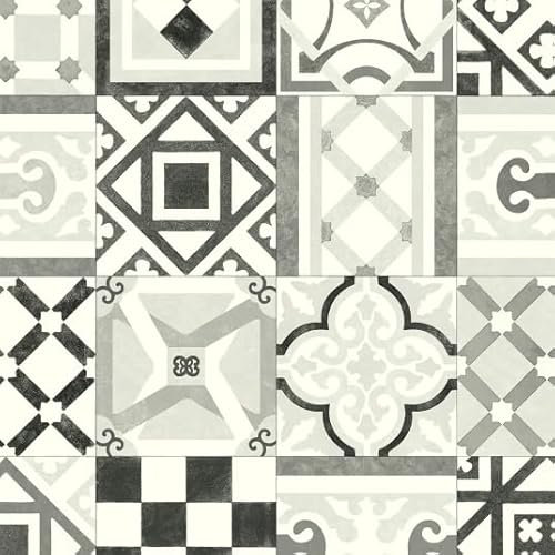 Sol Vinyle Style - Carreaux de Ciment Effet Vieilli - Noir et Blanc - Rouleau de 2m x 2m
