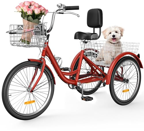 YITAHOME 24 Inch Adult Tricycle, 7 Speed 3 Wheel Bikes, Trike for Adults with Front & Rear Baskets, Cruiser Bike for Seniors Women Men Commute Picnic Outdoor, Red