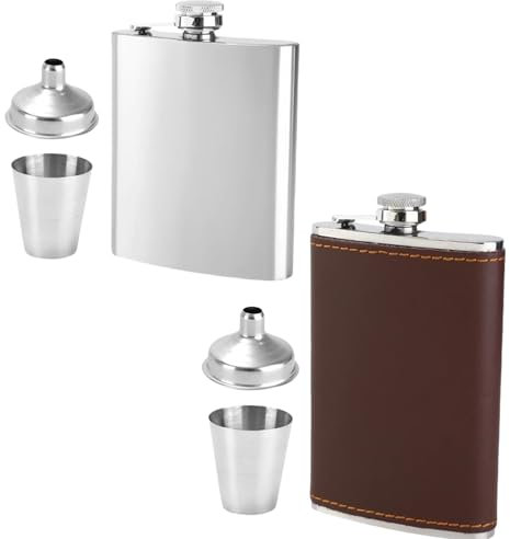 Pasdrucn 2 Pièces Flasque A Alcool Acier Inoxydable avec 2 Entonnoirs Et Une Tasse 7oz+9oz(204ml+263ml), Flasque A Alcool Personnalisable, Cuir Flasque A Alcool Portable, Fiole Alcool (B)