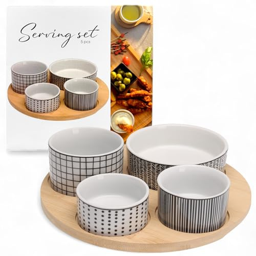 MIJOMA Serveringsset 5 delar – porslin skålar med bambulock, snygg dip-skålset, mellanmålsskålar, modernt mönstrad, perfekt för anti-pasti och dips