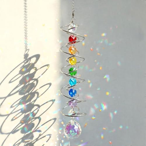 Cattura Sole in Cristallo 45 cm con Doppia Spirale - Sonaglio da Vento Decorativo con Perle dei Chakra - Goccia di Luce Arcobaleno per Finestre, Giardino, Balcone - Decorazione Interna/Esterna (A)