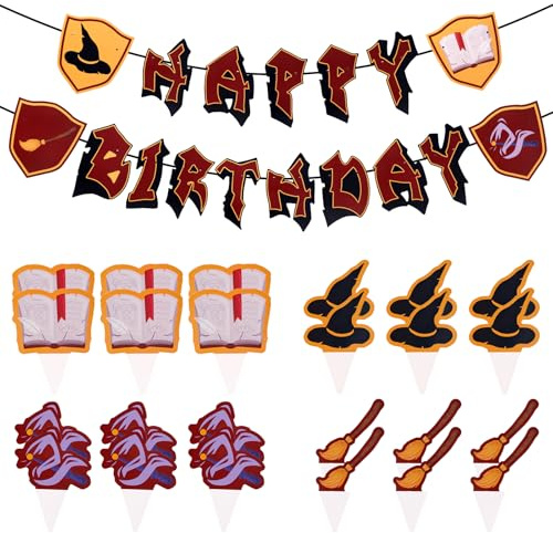 SAVITA Zauberer Happy Birthday Banner, Vorgefädelte Magische Zauberer Bannerkulisse mit Kuchen Einsätzen Magische Mottoparty Dekoration für Fantasy Anlässe