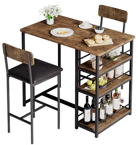 Garvee Mesa de Bar con 2 Sillas Acolchadas, Mesa de Cocina, Juego de 3 Piezas de Barra de Altura de Mostrador con 3 Estantes de Almacenamiento para Espacios Pequeños, Apartamento (Vintage)