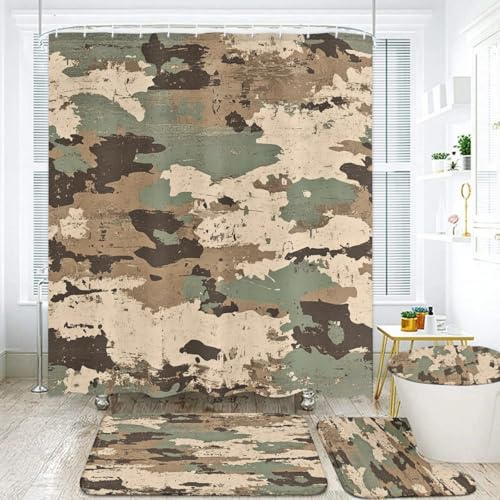 Military Camouflaged Bathroom Set, 4 Piece with Shower Curtain 70.8, Bath Mats, Toilet Cover, U-Shape Rug, Frosted Privacy, Woodland Camo Pattern