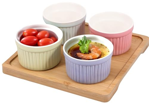 Ramekins Bowls Set 4/8Pcs Ceramic Ramekins with Bamboo Tray 4 oz Oven Safe Small Baking Bowls Set Stackable Creme Brulee Baking Cups Multipurpose(8 Pcs)