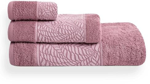 Acomoda Textil – Juego de Toallas de Algodón Peinado 450 g/m². Set de 3 Toallas Rizo con Cenefa, Toallas de Ducha, Lavado y Bidet Absorbente y Suave Pasa Aseo y Gimnasio. (Lavanda)
