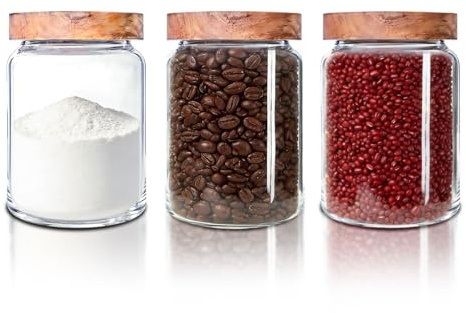HomeyHoney Förvaringsburkar med lock, 3 stycken förvaringsburkar glas med trälock, 350 ml glasbehållare med lock, lufttätt kök, glasbehållare för spannmål, kryddor, förvaring