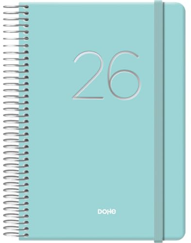 Dohe - Agenda 2026 - Día Página, Tamaño 12,5x18 cm, Cierre de Anillas y Goma Elástica, 12 Meses Enero a Diciembre, Planificador Anual en Español, 4 Páginas de Pegatinas - Gloss Verde