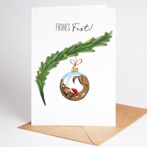Lovely Cards - Lustige Weihnachtskarte – „Dackel in der Christbaumkugel“ | Humorvolle Karte zu Weihnachten für Freunde & Familie | Schöne permium Grußkarte | Frohe Weihnachten und schöne Festtage