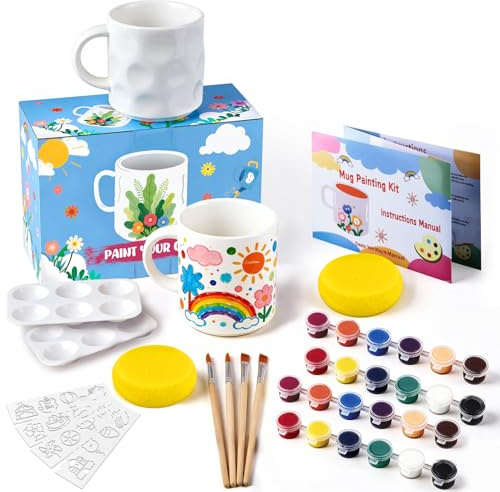 Qottmez Keramik Bemalen Set für Erwachsene - 2 Pack Tassen Malset zum Selbermachen für Anfänger mit 2 Tassen, Pinsel, Farben, Palette, Schablonen, Malanleitung, DIY Töpferset Kreativ Geschenk