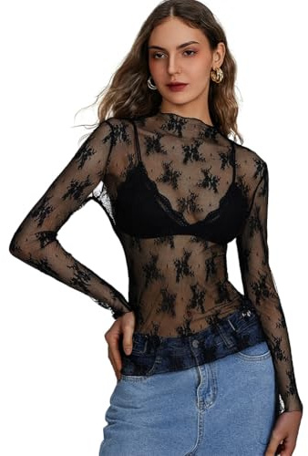flintronic Transparenta toppar för kvinnor, långärmad sexig mesh-topp, svart bodycon tyll klubbkläder, sexig långärmad topp för kvinnor, elastisk sheer mesh blus för klubbfest, Svart-b, M