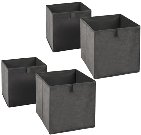 OHS Pack of 4 Matte Velvet Cube Storage Boxes Home Organiser Toys Clothing Bathroom Pop Up Foldable Collapsible Storage Boxes Space Saving Shelves Organiser Cube Baskets, Charcoal Grey