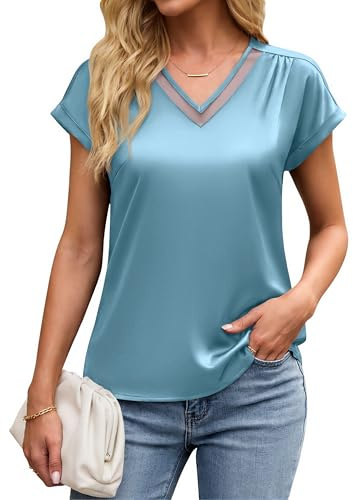 Blooming Jelly Women Business Dressy Casual Tops Work V Neck Silk Blouse Satin Summer Plested Interview Outfits (L, Blue)