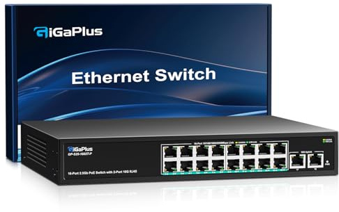 18-Port 10Gb Unmanaged PoE Ethernet Switch with 16*2.5G Base-T PoE Ports, 2*10G RJ45 Ports. 120Gbps Switching Capacity, GiGaPlus 10Gbps Network Switch for 2.5G/10Gbps NAS/PC, WiFi6 Router, Wireless AP