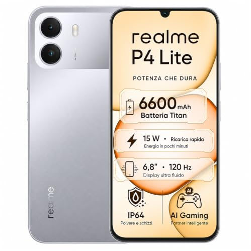 realme P4 Lite Smartphone, 4+64 GB, Batteria Titan 6600mAh, Display 6.8 120Hz, Fino a 12GB RAM Dinamica, Protezione ArmorShell,Lunga autonomia Ricarica rapida Telefono, Grey