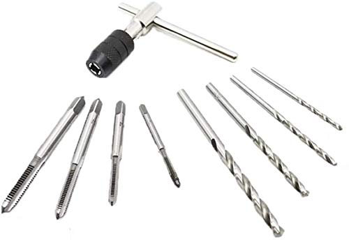 MEETOZ M3-M6 Adjustable T-handle Tap Wrench + 4 pcs M3 M4 M5 M6 Machine Screw Metric Thread Plug Taps Set + 4 pcs Drill Bits Set