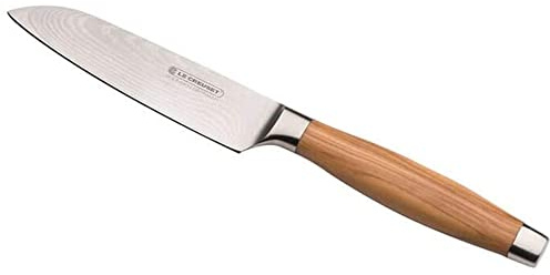 LE CREUSET Cuchillo Santoku, 13 cm, Hoja de acero damasco 18 y 8 con borde recto, Mango de madera de olivo, Inoxidable, Madera y Inox, 98000213000200