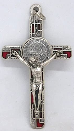 GTBITALY 10.674.31 ms croce di san benedetto argento con smalto mosaico con anello 8 cm esorcista esorcismo rosso