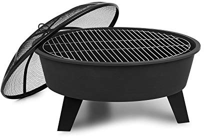Blumfeldt Nolana - Brasero Exterior 2 en 1, Barbacoa Jardin 73cm ø, Hoguera Exterior Protectora de chispas, Parrilla 64 cm, FireView, Hierro Fundido, Acero Revestido, Atizador y Parrilla, Negro