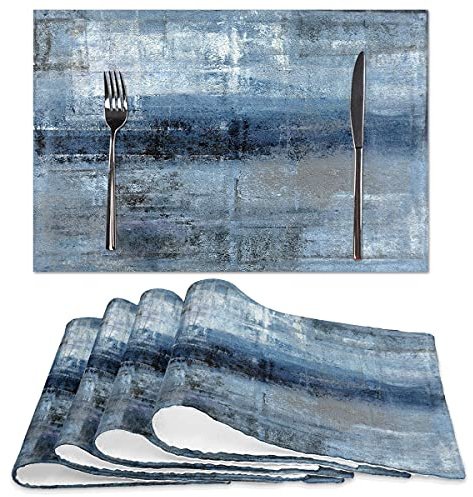 Blue and Grey Placemats Set of 4 Modern Abstract Art Placemats Heat Resistant Non-Slip Artwork Dining Placemats Washable Table Mats for Home Kitchen (Blue and Grey, 18X12)