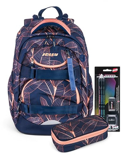 JOLLY Next Generation Rucksack, 8-teilig, verstellbare Schultergurte und Brustgurt, Zwei große Fächer, Seitentaschen für Trinkflasche, gepolsterter Tragegriff, Orange/Blau