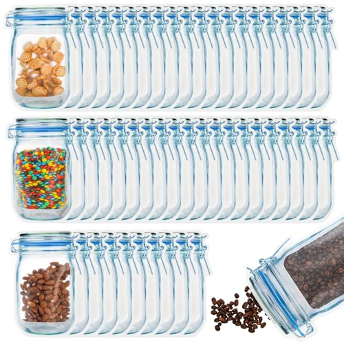 Jucoan 50 Pack Large Wide Mouth Mason Jar Zip Snack Bags, Reusable Airtight Leakproof Plastic Food Storage Zipper Saver for Spices Home Kitchen Freezer Camping RV