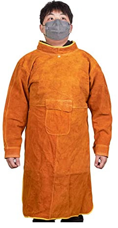 Lederschürze Schweißerschürze mit Werkzeugtaschen, Flammhemmende Rindslederschürze mit Ärmeln, verstellbarem Gürtel (Color : Yellow, Size : 105cm)