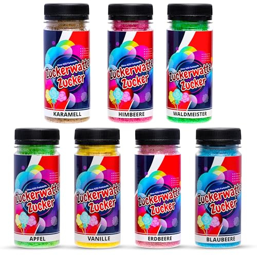 Zuckerwatte Zucker Set 7 Sorten je 100g für Zuckerwatte Maschine AZO Frei Aromazucker Farbzucker Backen Dekorieren