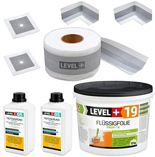 Set di guarnizioni in pellicola liquida da 12 kg su piastrelle di legno, 2 angoli interni, 2 manicotti da parete, nastro sigillante da 10 m, fondo profondo 2 l, set di impermeabilizzazione doccia
