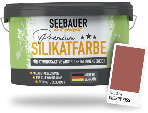 SEEBAUER diy Silikatfarbe Dunkelrot 5L für Innen (No. 324 Cherry Kiss) Atmungsaktive Mineralfarbe für Allergiker - Abwaschbare Wandfarbe - Rottöne hohe Deckkraft