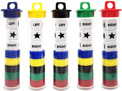 Ahoper Left Right Center Dice Game Prime Set Bundle with 3 Dices + 30 Chips - (5 Pack). Round Tube Storage is Very Convenient for Travel. Easy to Store, Carry Around.