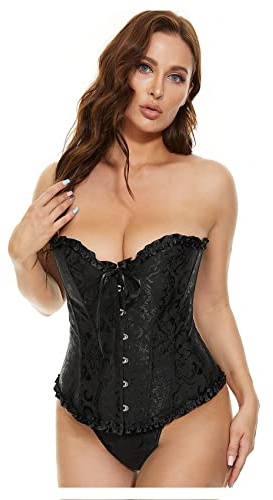 XZQTIVE Damen Bustier Korsett Spitze Up Boned Overbust Bustier Gothic Corsage Dessous Top,Schwarz,XL