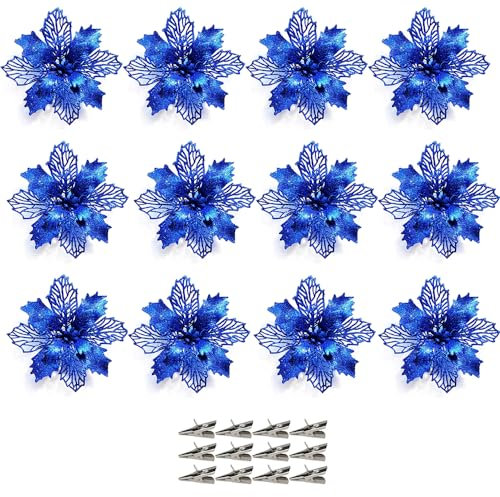 Lot de 12 fleurs de poinsettia de Noël avec clips - Fleurs de poinsettia artificielles à paillettes pour sapin de Noël, couronne de fête de Noël, décorations à suspendre, bleu