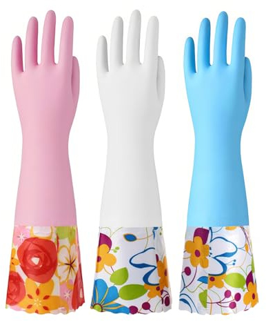 Bamllum 3 Pairs Rubber Cleaning Gloves, Household Kitchen Dishwashing Gloves with Cotton Flocked Lining, Long Cuff 40cm, Reusable, Non-Slip (Small, Blue+Pink+White)