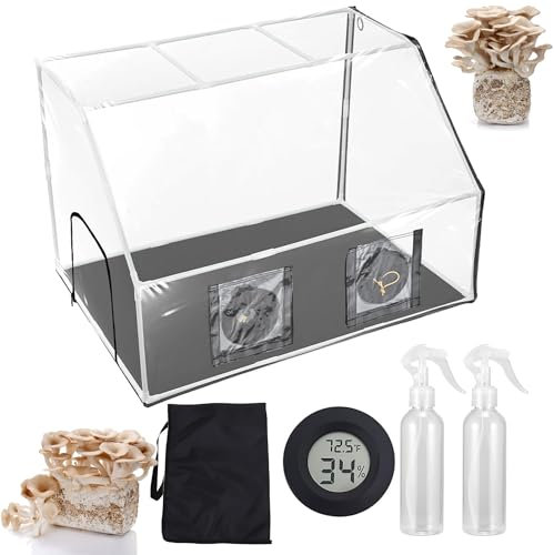 Mycologie des champignons avec boîte à air fixe améliorée, boîte de culture portable, kit monotub pour champignons avec 2 pulvérisateurs et thermomètre, sac de plantation champignons 90x60x60cm