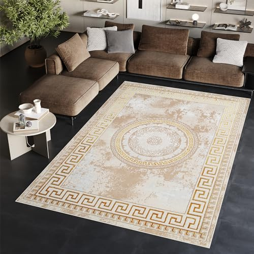 TAPISO Ares Teppich Kurzflor Glänzend Creme Beige Rosette 160 x 220 cm | Bordüre Barock Klassisch 3D Effekt Wohnzimmer Schlafzimmer OEKO-TEX