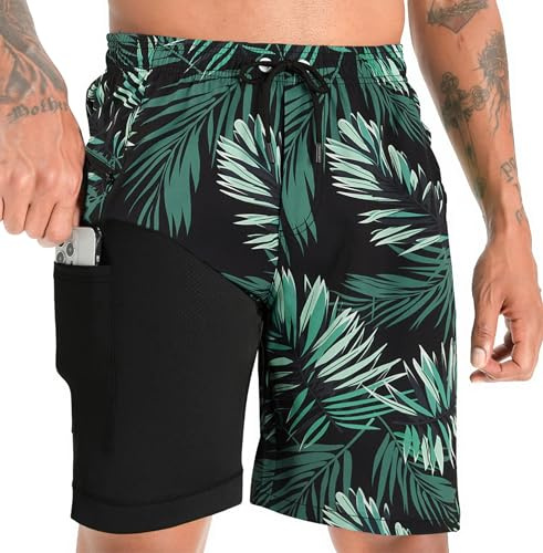 APTRO badbyxor för män badshorts med kompressionsfoder 2 i 1 kortshorts med blixtlåsfickor surfing sport 23 cm, Grönt blad Mk354, M